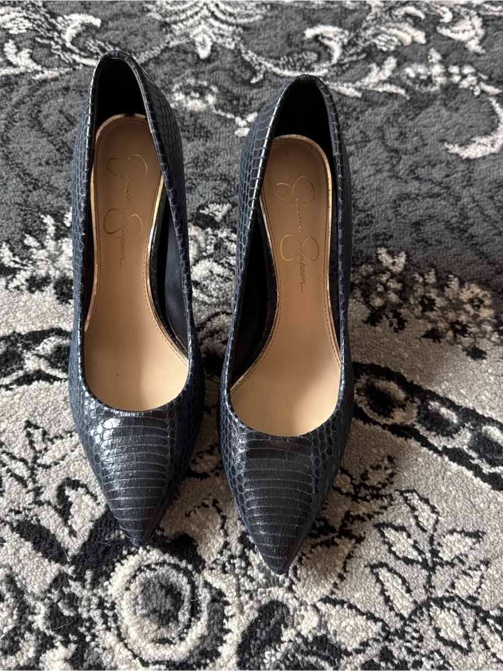 Jessica Simpson Black Croc-Embossed Pointed Toe Pumps